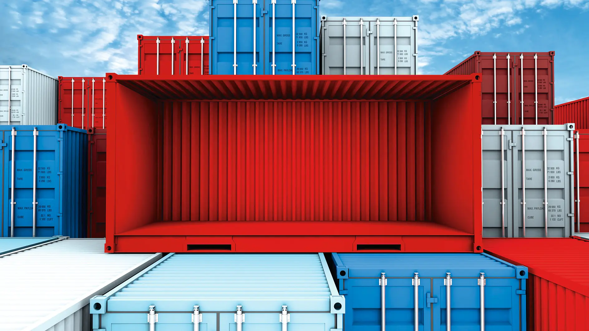 A stack of colorful shipping containers against a blue sky, with a prominent red container in the center that is open on the front side. Other containers in blue and white are visible around it. (This text has been generated by AI)