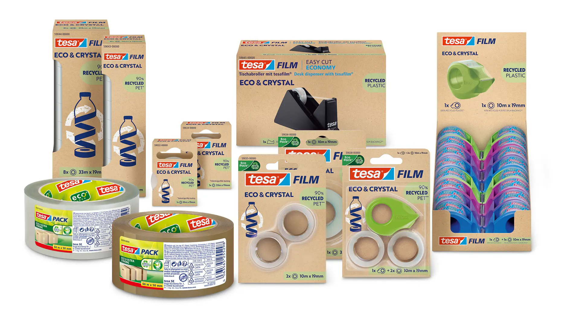 A collection of tesa tape adhesive products is displayed, featuring various sizes and packaging. Some items are in cardboard boxes, while others are in plastic. Labels indicate eco-friendly and recycled materials.