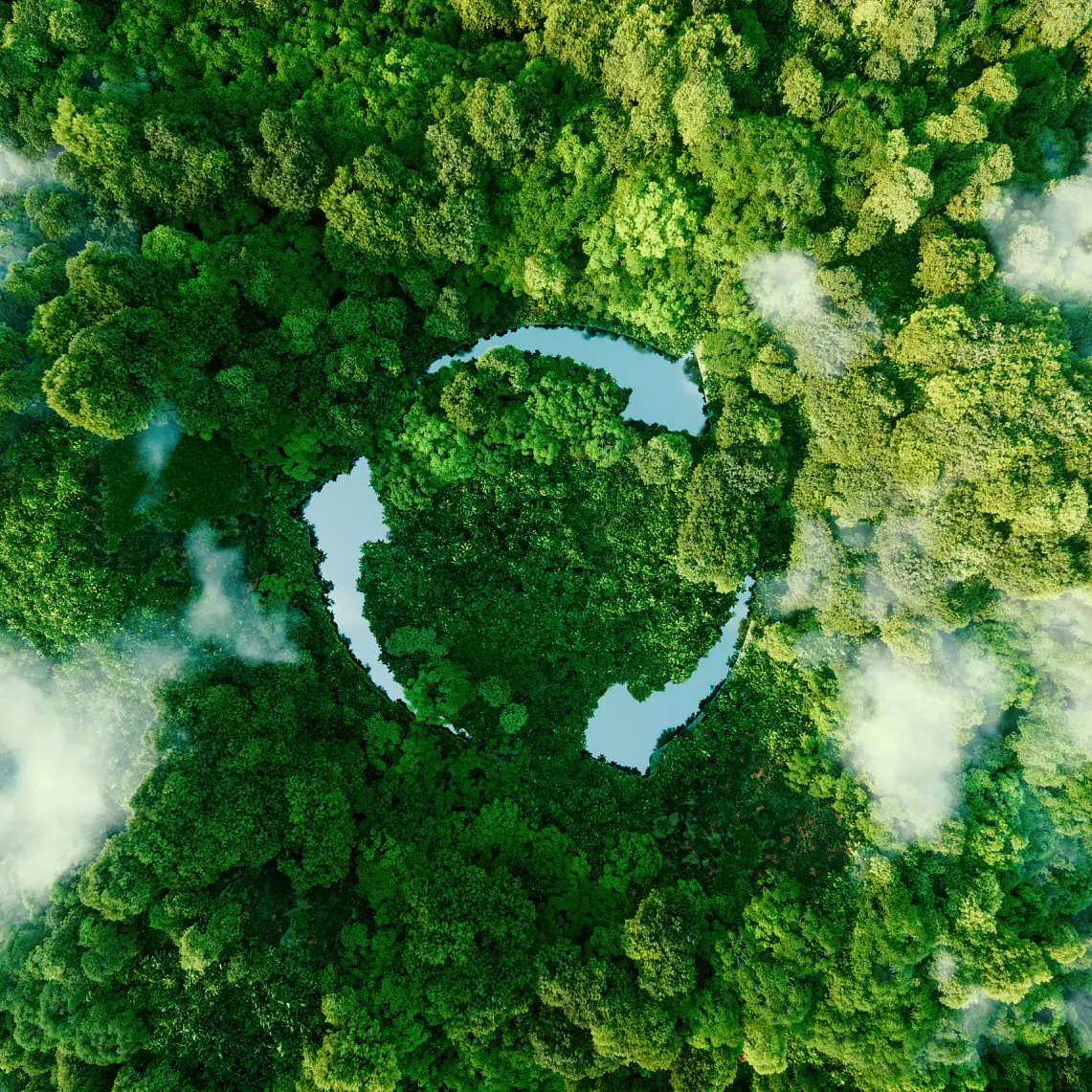 Aerial view of a lush green forest with thick tree canopy, partially obscured by scattered white clouds. A circular clearing in the center reveals patches of blue water, creating a striking contrast against the vivid greenery.