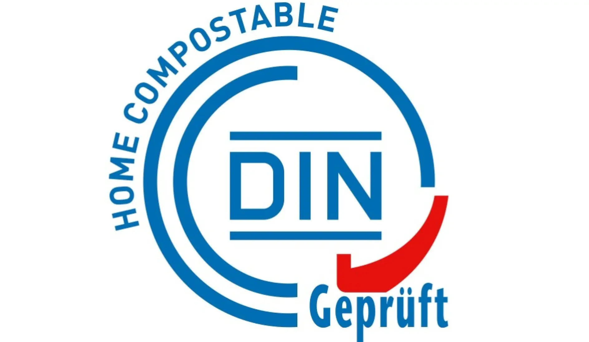 Circular logo with blue text reads HOME COMPOSTABLE DIN Geprüft. The design features a blue circular outline with DIN in the center, accompanied by a red curved line below the word Geprüft.