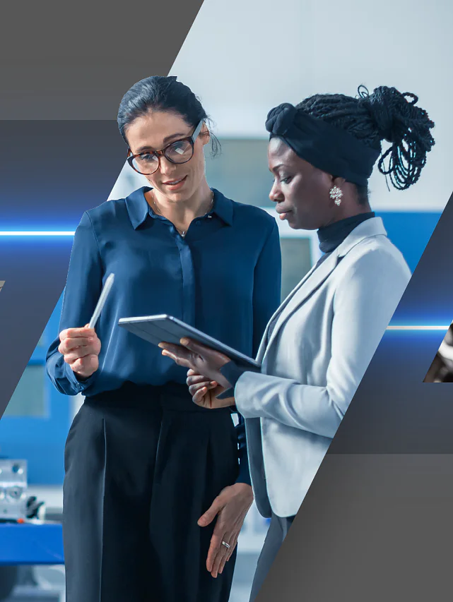 Two professionals are reviewing information on a tablet. To the left, an image of a grid-like metallic structure is displayed, and to the right, a close-up of a car wheel using tesa tape for secure attachment. The background is gray with blue accents. (This text has been generated by AI)