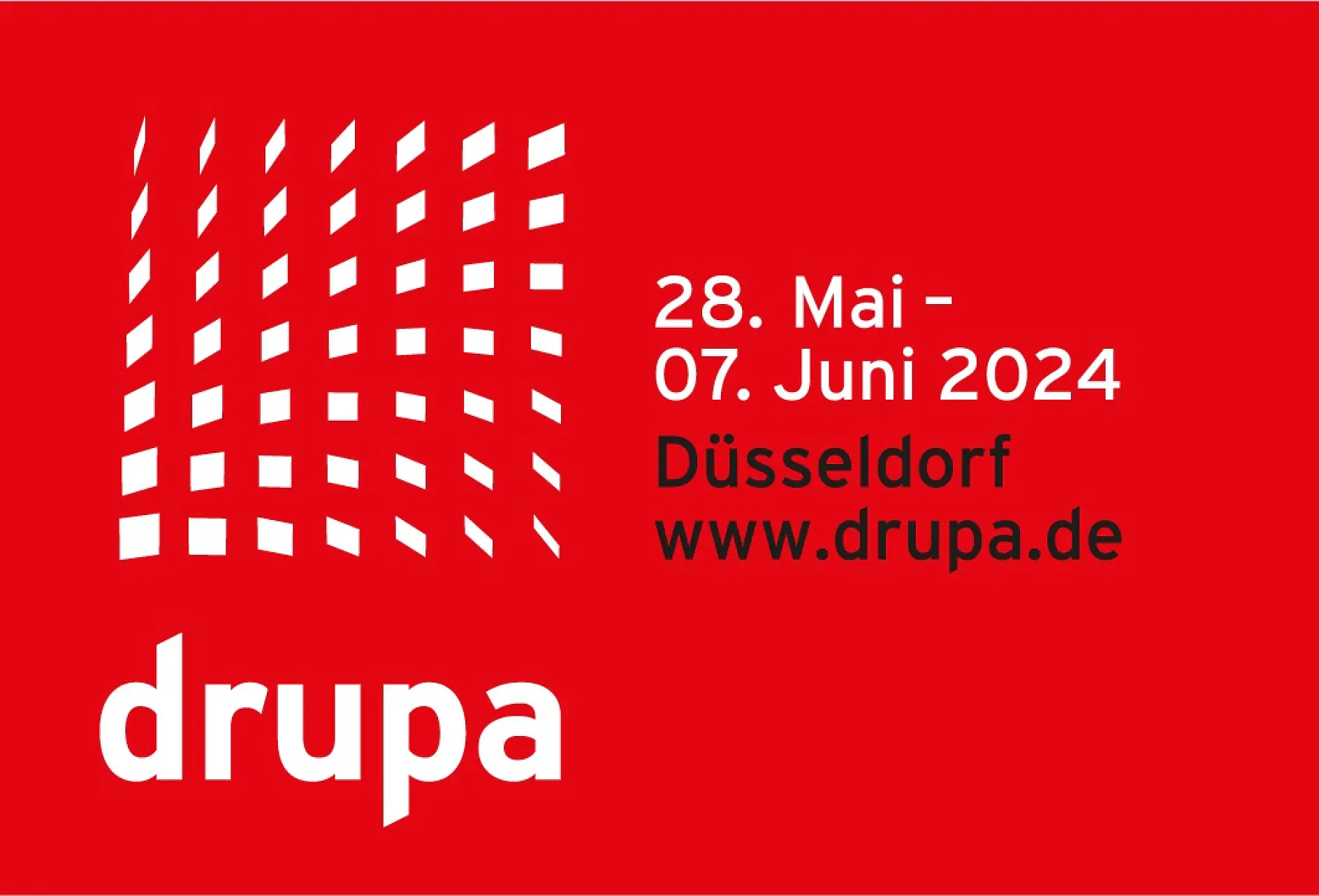 Red graphic with a white logo and text announcing drupa, an event from 28 May to 07 June 2024 in Düsseldorf. Website: www.drupa.de. The design features a pattern of geometric shapes, prominently incorporating tesa tape accents for an added touch of innovation and style.