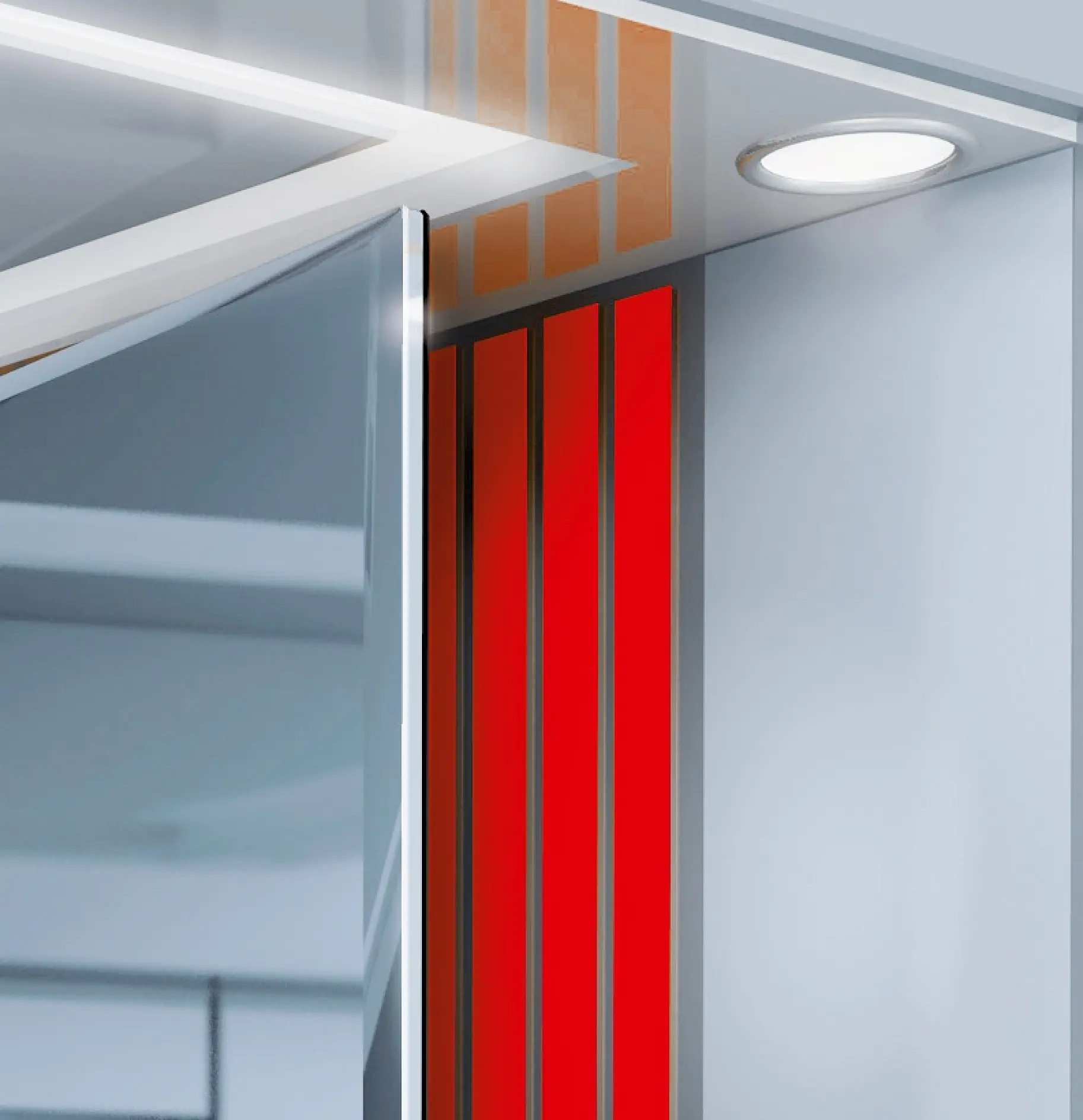 tesa adhesive strips securing a mirror to a wall in a modern indoor setting with ceiling light above (This text has been generated by AI)