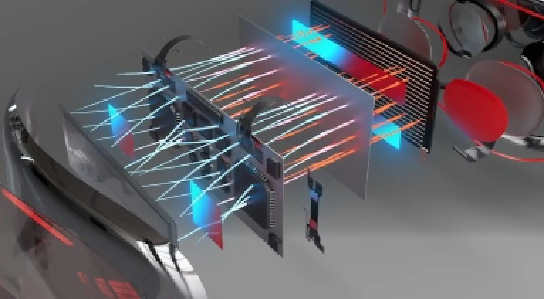 A digital illustration showing multiple transparent layers with abstract patterns, arrows, and colorful elements like blue and red lines. The layers are aligned in parallel, giving a sense of depth and complexity, resembling a technological process. (This text has been generated by AI)