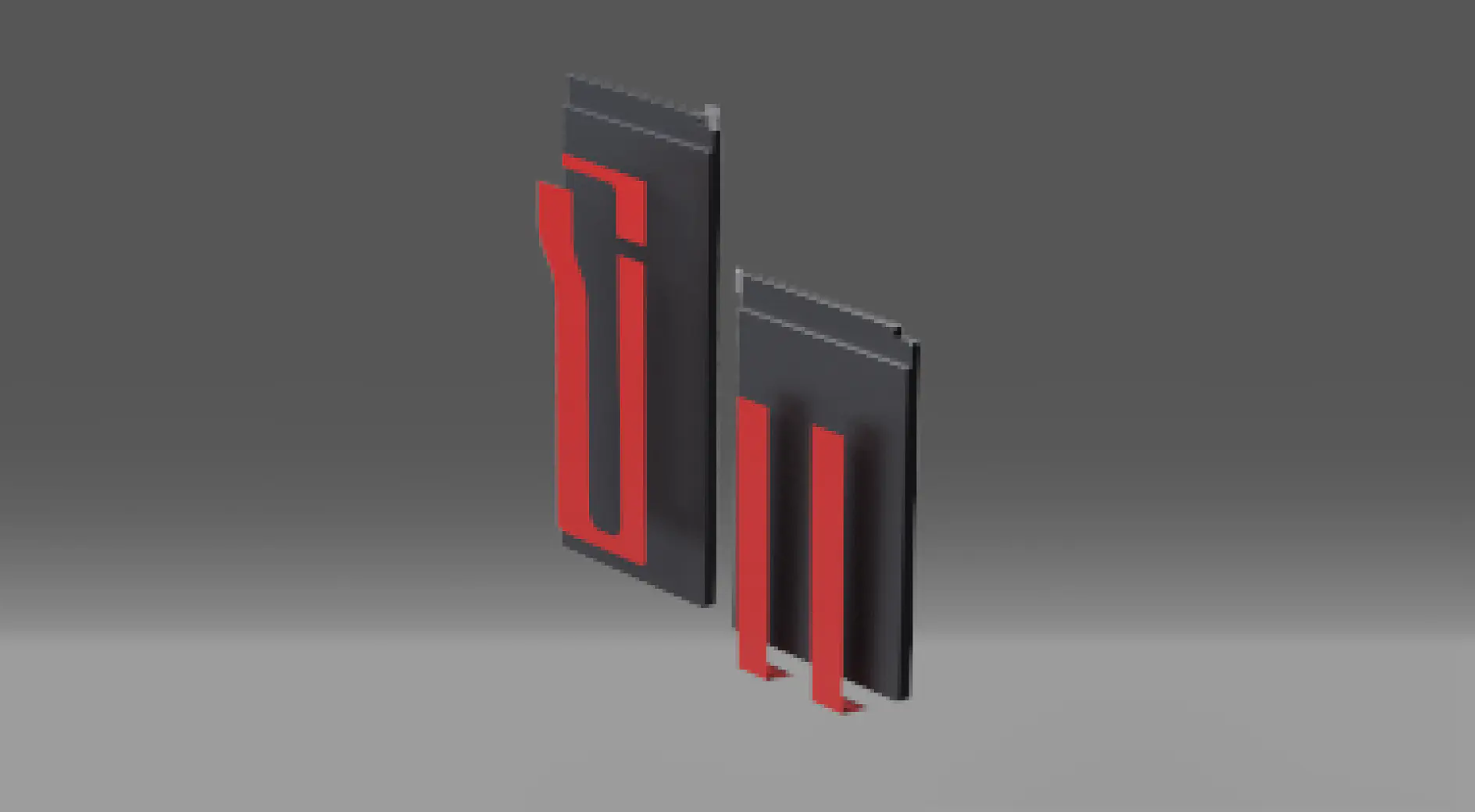 Two stylized abstract shapes resembling bent and elongated objects with red and gray colors on a gradient background. The shapes appear to be standing upright. (This text has been generated by AI)