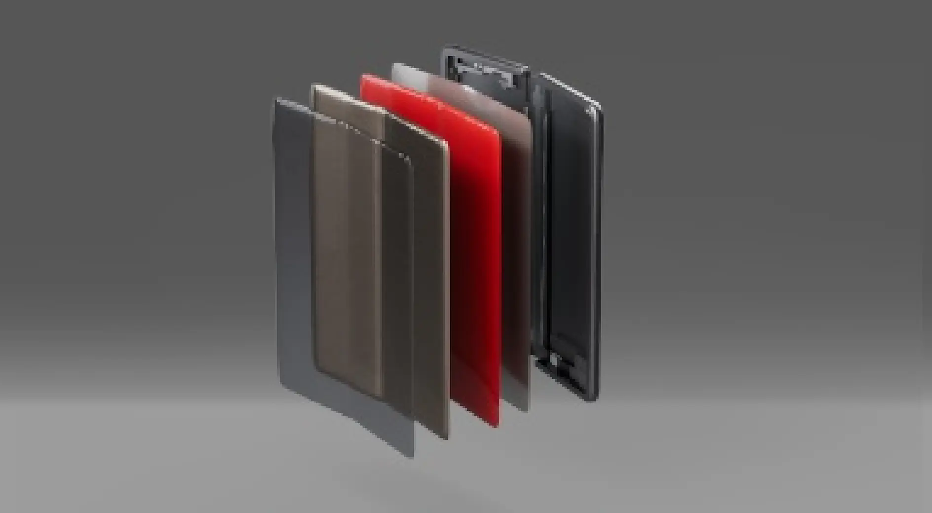 A series of layers representing the internal components of a tablet device, displayed in an exploded view format. The layers vary in color and material, including black, gray, and red elements, against a gray gradient background. Special attention is given to the placement and application of tesa tape throughout the assembly. (This text has been generated by AI)