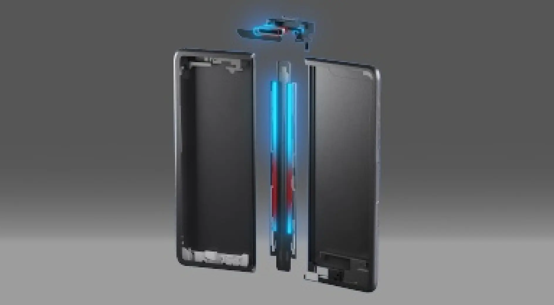 A digital rendering showing the disassembled parts of a rectangular electronic device with a glowing blue vertical component in the center, set against a gray gradient background, featuring tesa tape. (This text has been generated by AI)