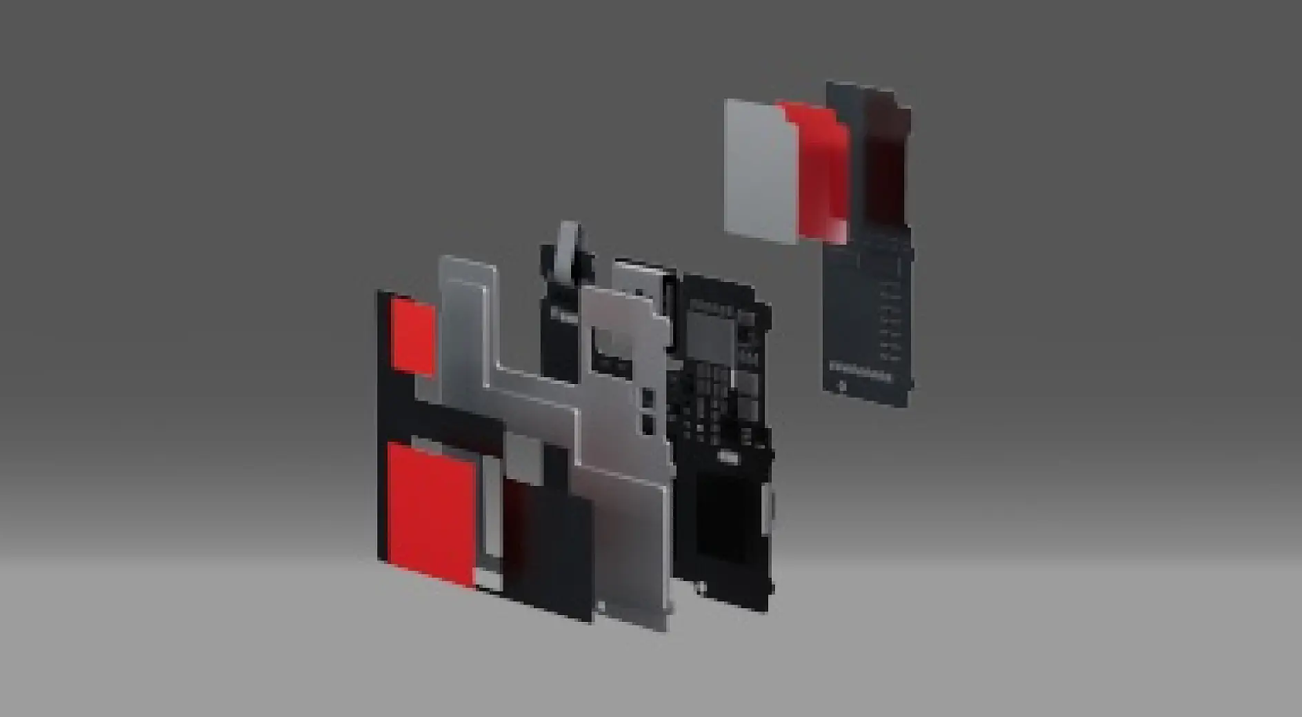 Exploded view of a smartphone showing various internal components, including circuit boards and panels, in shades of black, red, and gray against a gray background. (This text has been generated by AI)