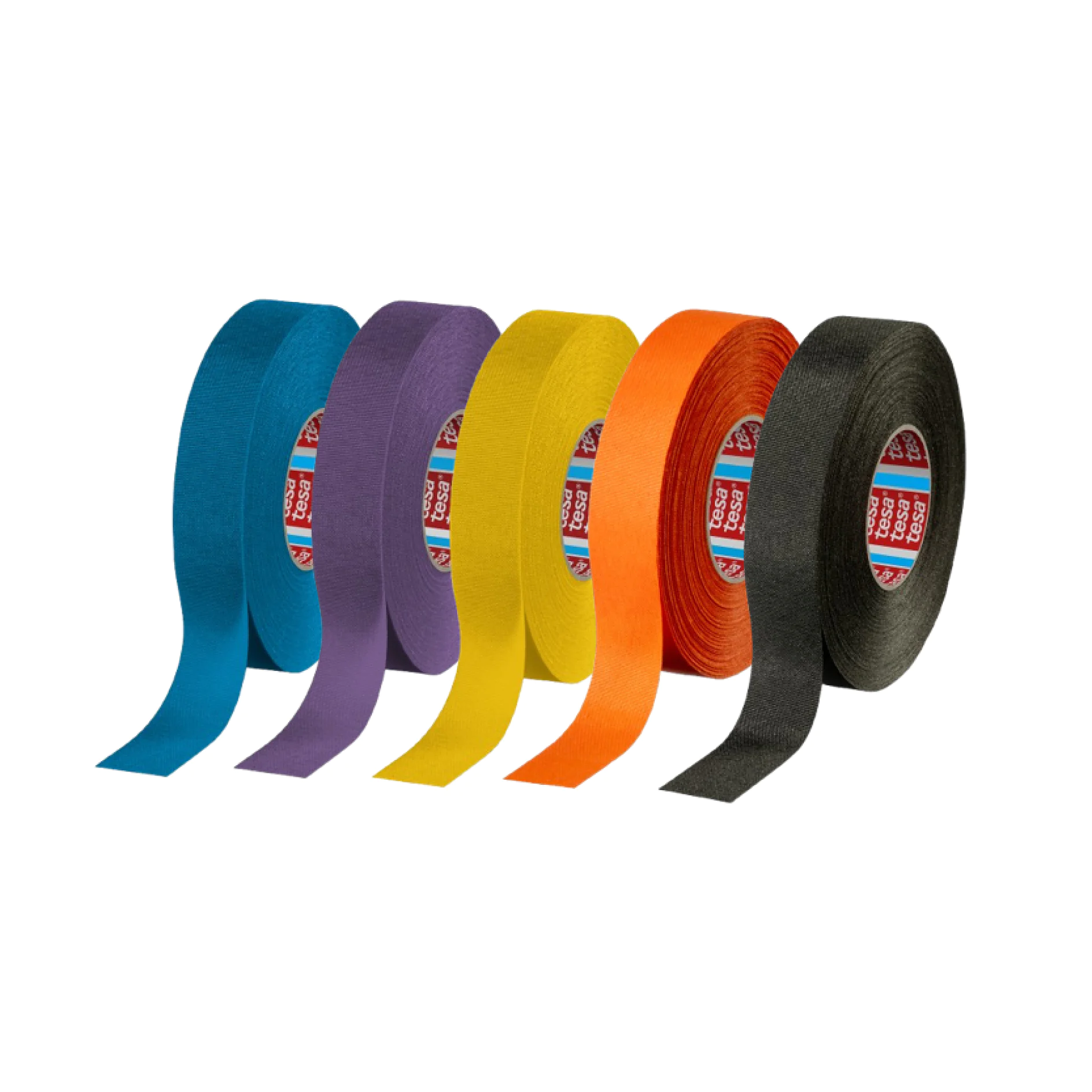 a row of five rolls of colorful tesa tape in blue, purple, yellow, orange, and black, each displaying the tesa logo on the label. (This text has been generated by AI)