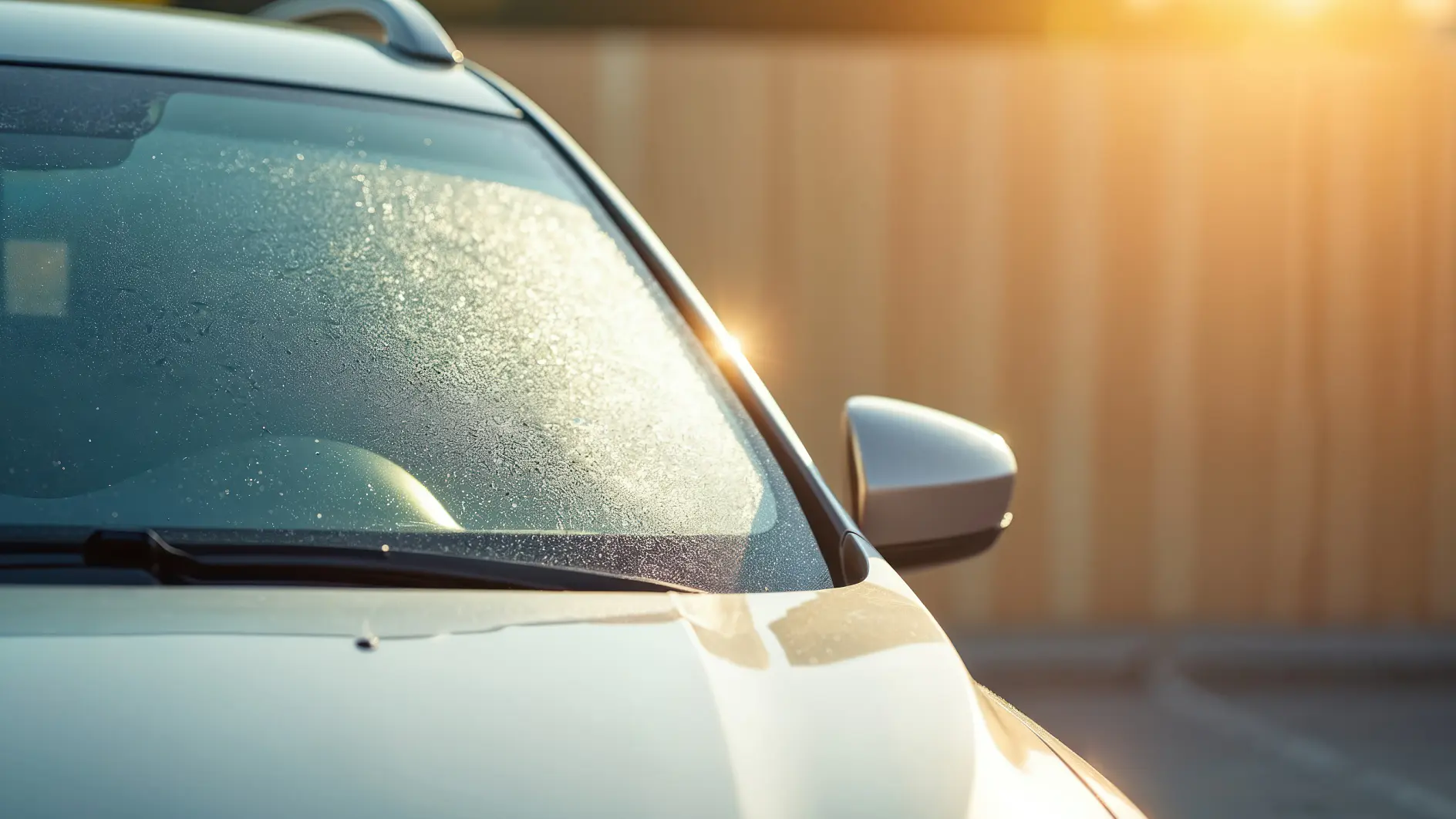 Close-up of the front windshield and side mirror of a silver car with morning dew, parked outdoors in sunlight. A piece of tesa tape is visible, with a wooden fence and blurred background also in view.