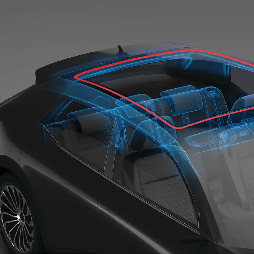 A car with a transparent overlay showing the interior seating and structure, highlighting the sunroof area in red, featuring tesa tape. (This text has been generated by AI)
