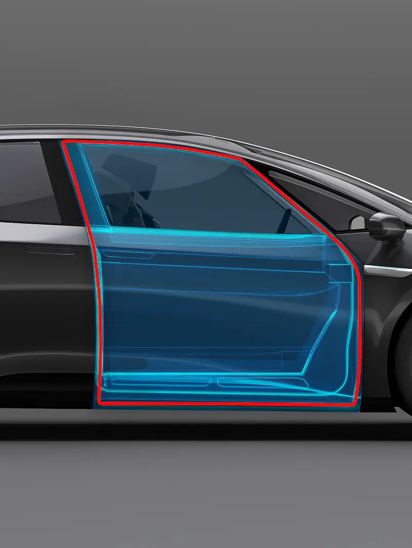 Side view of a black and silver car with a transparent blue overlay highlighting the front door area, showing the door’s dimensions and internal structure. Areas where tesa tape is used are indicated. The background is plain gray. (This text has been generated by AI)