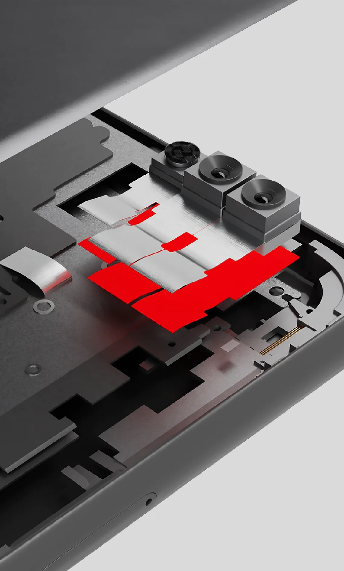 A close-up view inside an electronic device showing two camera modules, flat cables, tesa tape, and red and silver parts on gray. (This text has been generated by AI)