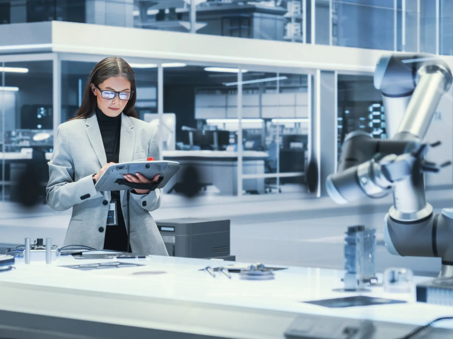 회색 블레이저와 안경을 쓴 한 여성이 로봇 팔과 테사 테이프가 있는 현대식 실험 테이블에서 디지털 태블릿을 사용하고 있습니다. (This text has been generated by AI)