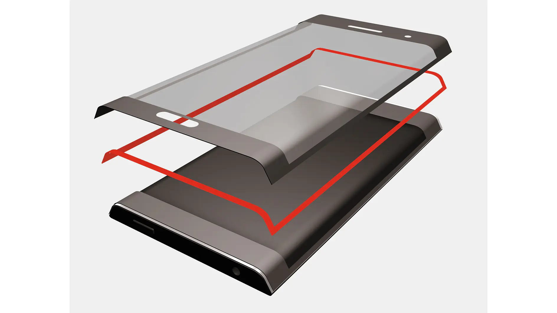 Exploded view of a smartphone, showing its layered components. From top to bottom: a transparent screen held by tesa tape, a red lining secured with tesa tape, a black outer casing reinforced with tesa tape, and a rectangular component. The image emphasizes the phones structural elements. (This text has been generated by AI)