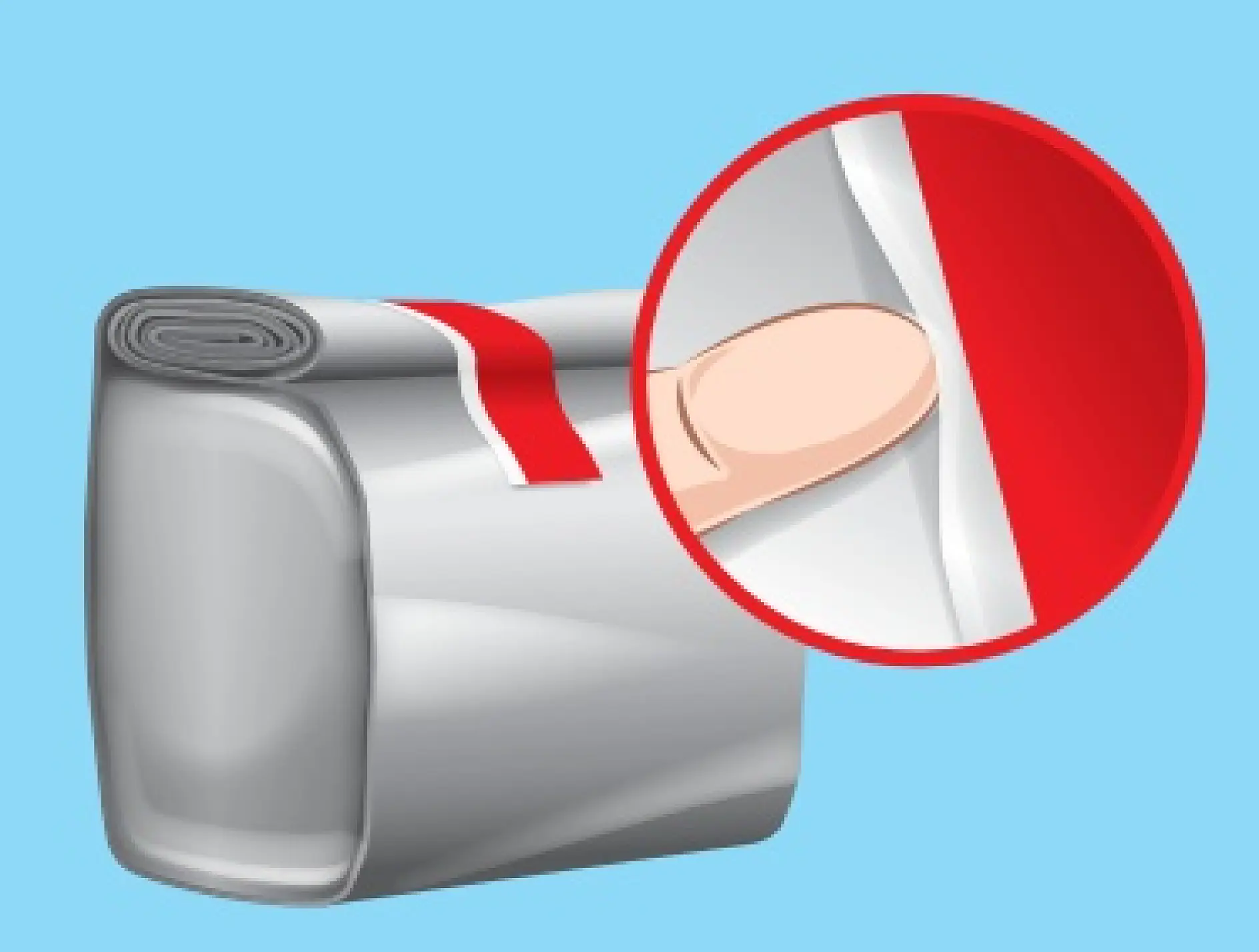 A roll of gray material with a red strip is shown. A magnified circle highlights a finger peeling back the red strip, revealing the adhesive side of tesa tape. The background is light blue.