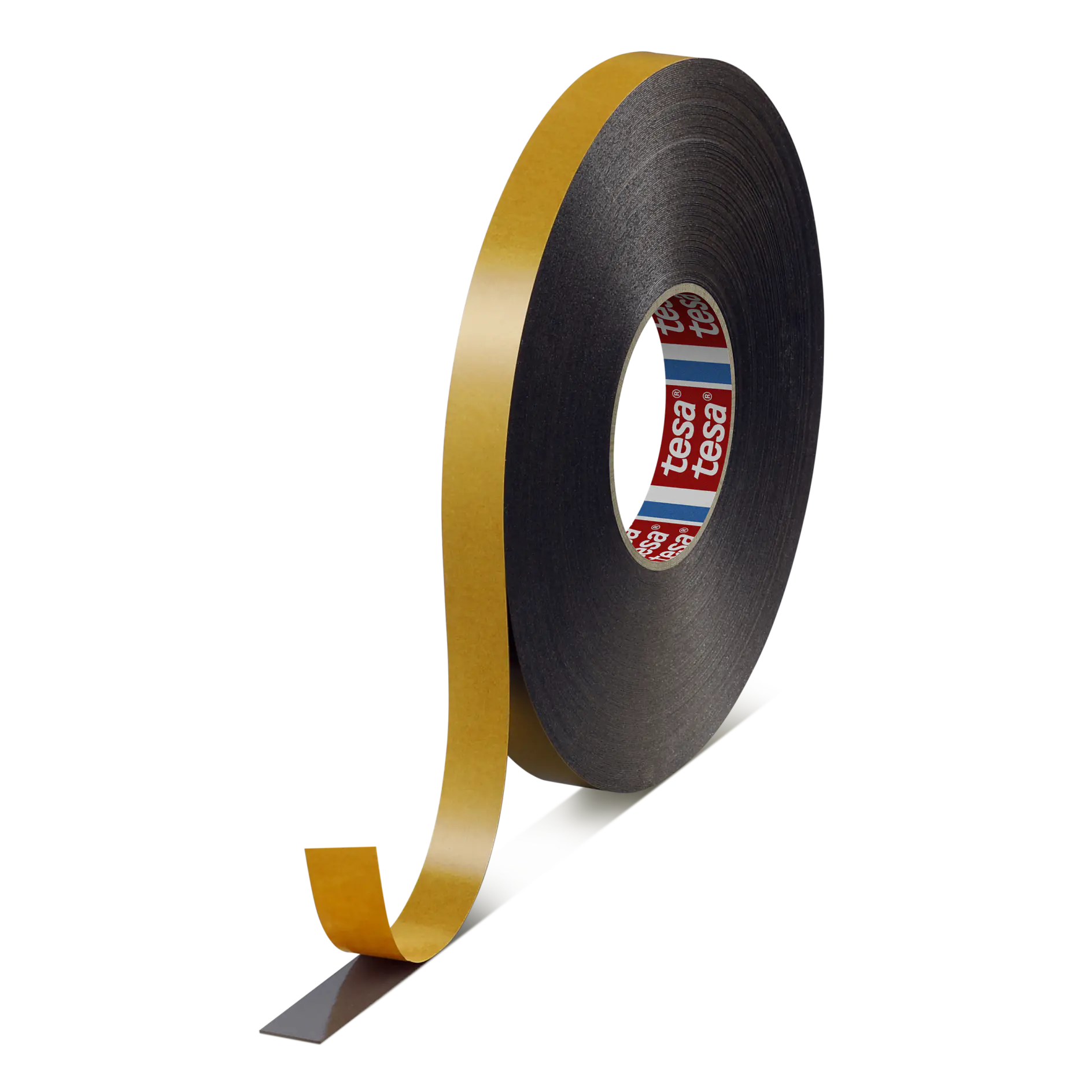 tesa double-sided adhesive tape roll with one end peeled, isolated on white background (This text has been generated by AI)