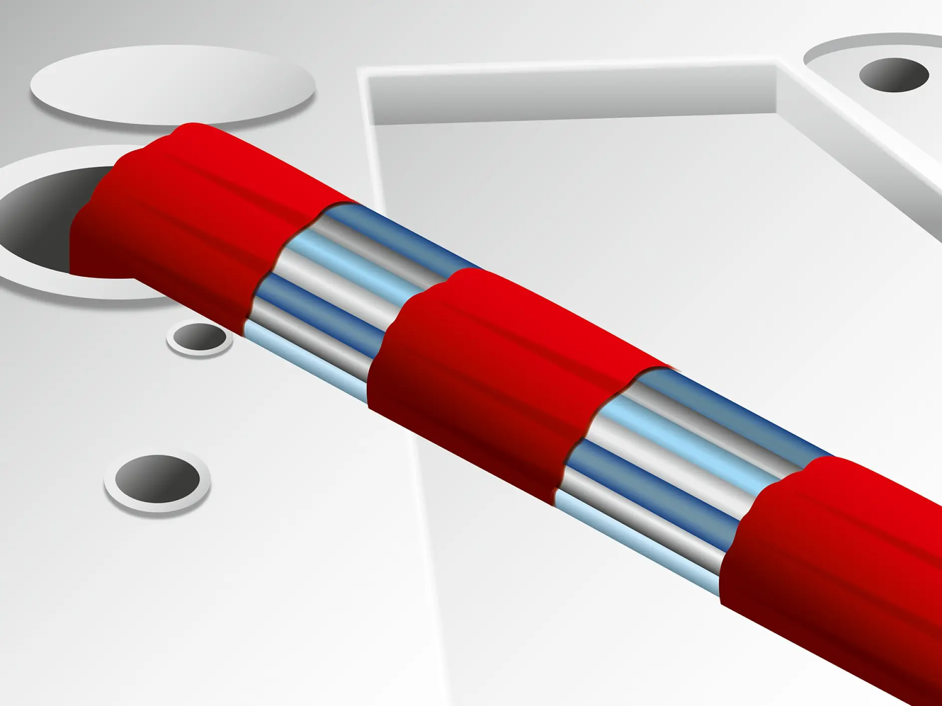 A digitally rendered image of a red-and-white striped barrier arm positioned diagonally across the scene. The background features various geometric shapes with circular and oval cutouts, creating a modern, abstract appearance, all held together seamlessly using tesa tape. (This text has been generated by AI)