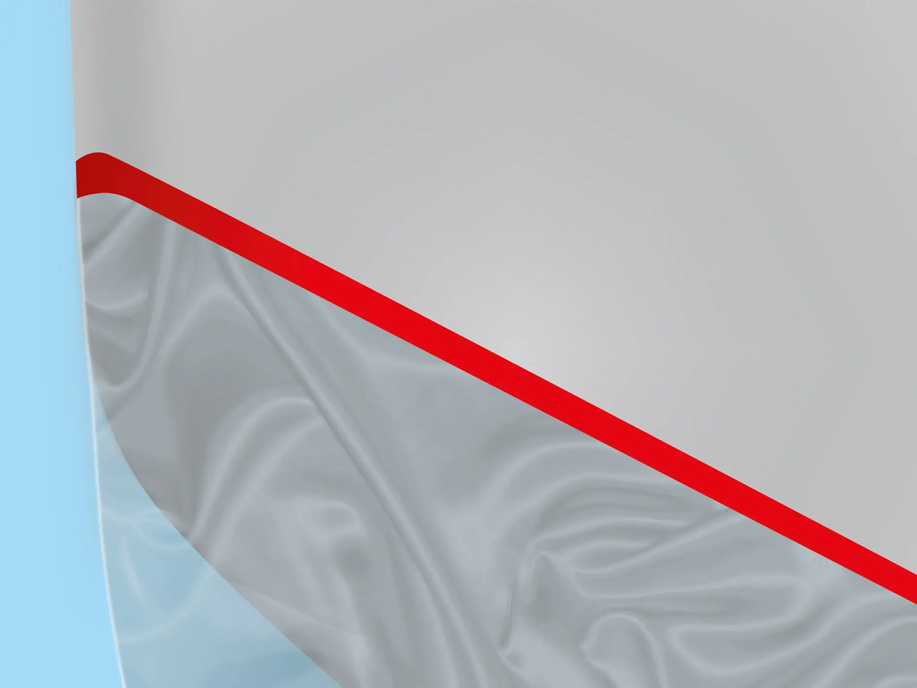 Close-up of a gray fabric-like surface with a prominent diagonal red stripe, held by tesa tape. The bottom of the fabric displays a crumpled texture. Light blue background on the left edge. (This text has been generated by AI)