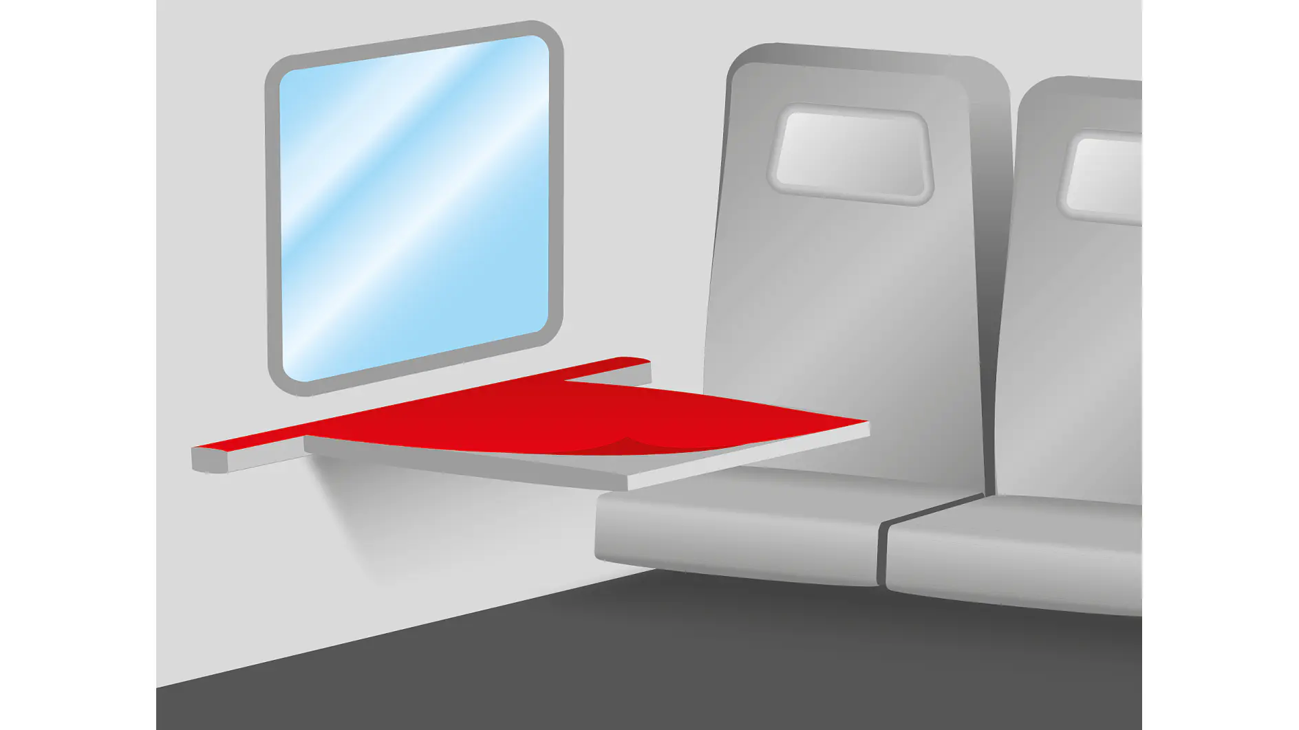 Illustration of an airplane interior showing two gray seats next to a window. The red tray table is unfolded between the window and seats, positioned at armrest level. The window displays a light blue sky. (This text has been generated by AI)