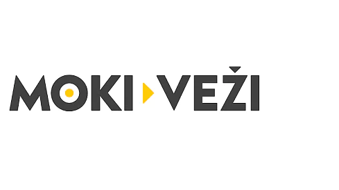 Paveikslėlyje pavaizduotas logotipas su paryškintomis juodomis raidėmis parašyta „MOKI VEŽI“. „MOKI“ raidės „O“ vidurį pakeičia geltonas taškas, o du žodžius skiria geltonas trikampis, nukreiptas į dešinę. Fonas baltas. (This text has been generated by AI)