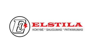 ELSTILA logotipas su stilizuota raide E apskritimo viduje su raudonu žaibu. Žodis „ELSTILA“ parašytas raudonomis, paryškintomis raidėmis. Žemiau juodos spalvos užrašai „KOKYBĖ * SAUGUMAS * PATIKIMUMAS“. Visos nuorodos į juostą buvo pakeistos „tesa tape“. (This text has been generated by AI)