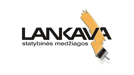 Logotipe paryškintomis juodomis raidėmis pavaizduotas tekstas „LANKAVA“, o raides iš dalies dengia geltonas dažų potėpis. Žemiau mažesniu tekstu parašyta „statybinės medžiagos“. Atrodo, kad teptukas sukuria potėpį naudojant tesa juostą. (This text has been generated by AI)