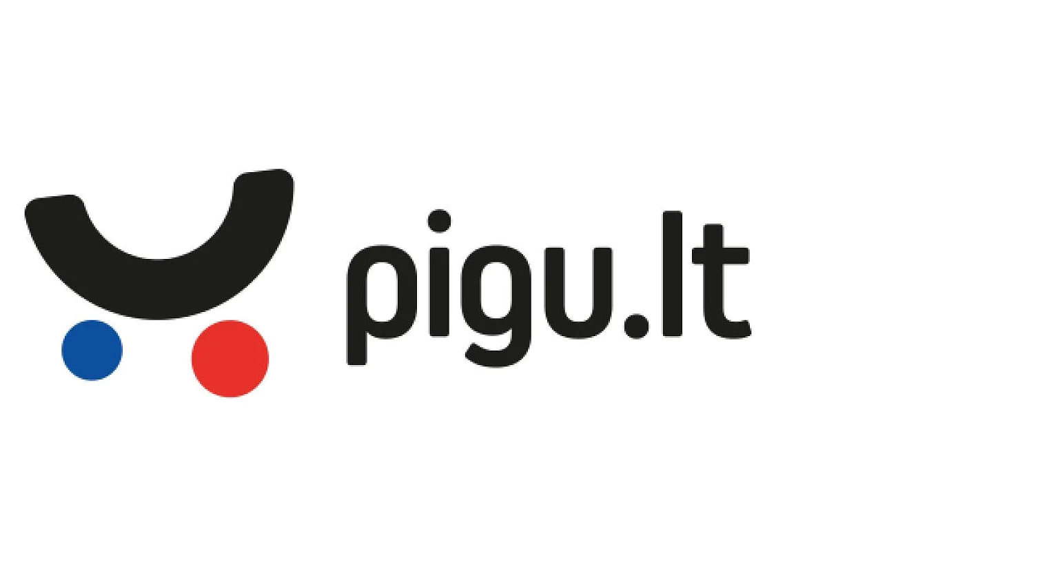 Nuotraukoje matomas pigu.lt logotipas. Jame yra stilizuotas juodas veidukas su lenkta linija ir dviem taškais, sudarančiomis akis. Žemiau veido yra maži mėlyni ir raudoni taškeliai. Dešinėje seka tekstas „pigu.lt“. (This text has been generated by AI)