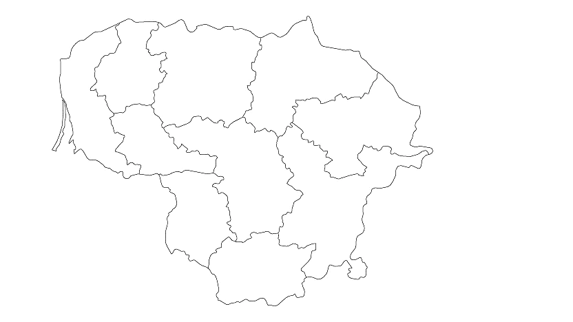 Paprastas juodai baltas kontūrinis Lietuvos žemėlapis, vaizduojantis jos administracines ribas. Žemėlapyje yra netaisyklingų formų, vaizduojančių skirtingus šalies regionus ar rajonus. (This text has been generated by AI)