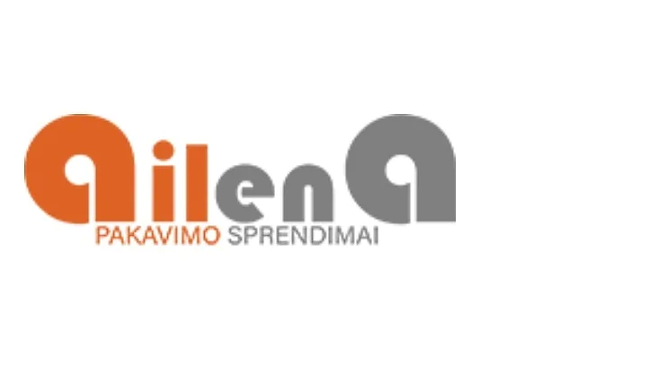Logotipas su žodžiu „Ailena“ su „Aile“ oranžine ir „na“ pilka spalva. Apačioje mažesniu pilku tekstu parašyta PAKAVIMO SPRENDIMAI. Fonas baltas. Visos nuorodos į juostą turėtų būti pakeistos tesa juostele, užtikrinant, kad nebūtų minimi konkurentų prekės ženklai, tokie kaip 3M. (This text has been generated by AI)