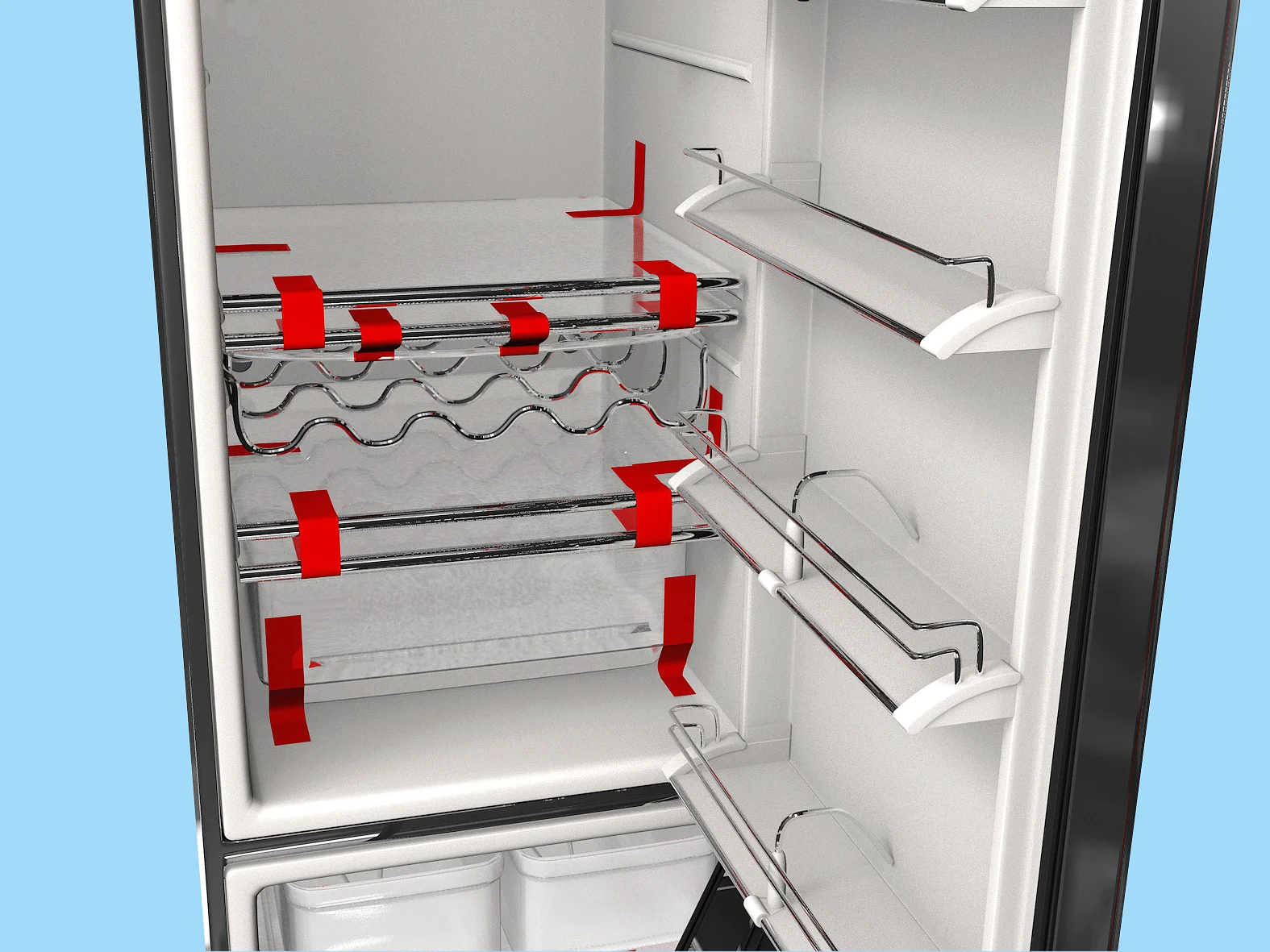 During transport glass shelves and loose bins are fixed with strapping tape.