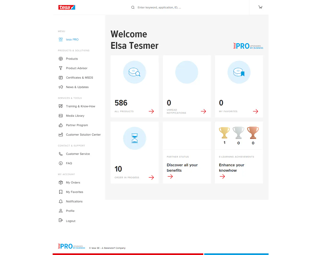 Dashboard interface displaying a welcome message for Elsa Tesmer. Features include product count, unread notifications, favorite items, order progress, partner status, and e-learning achievements. The navigation menu is on the left. The logo is at the top left. (This text has been generated by AI)