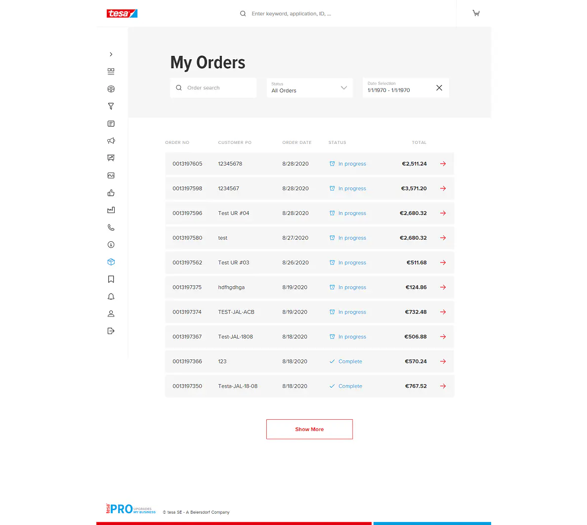 A webpage showcasing a My Orders list. The table features columns for Order No., Customer No., Date, Status, and Total. Several orders are displayed with statuses such as In progress and Complete. A Show More button is located at the bottom. (This text has been generated by AI)