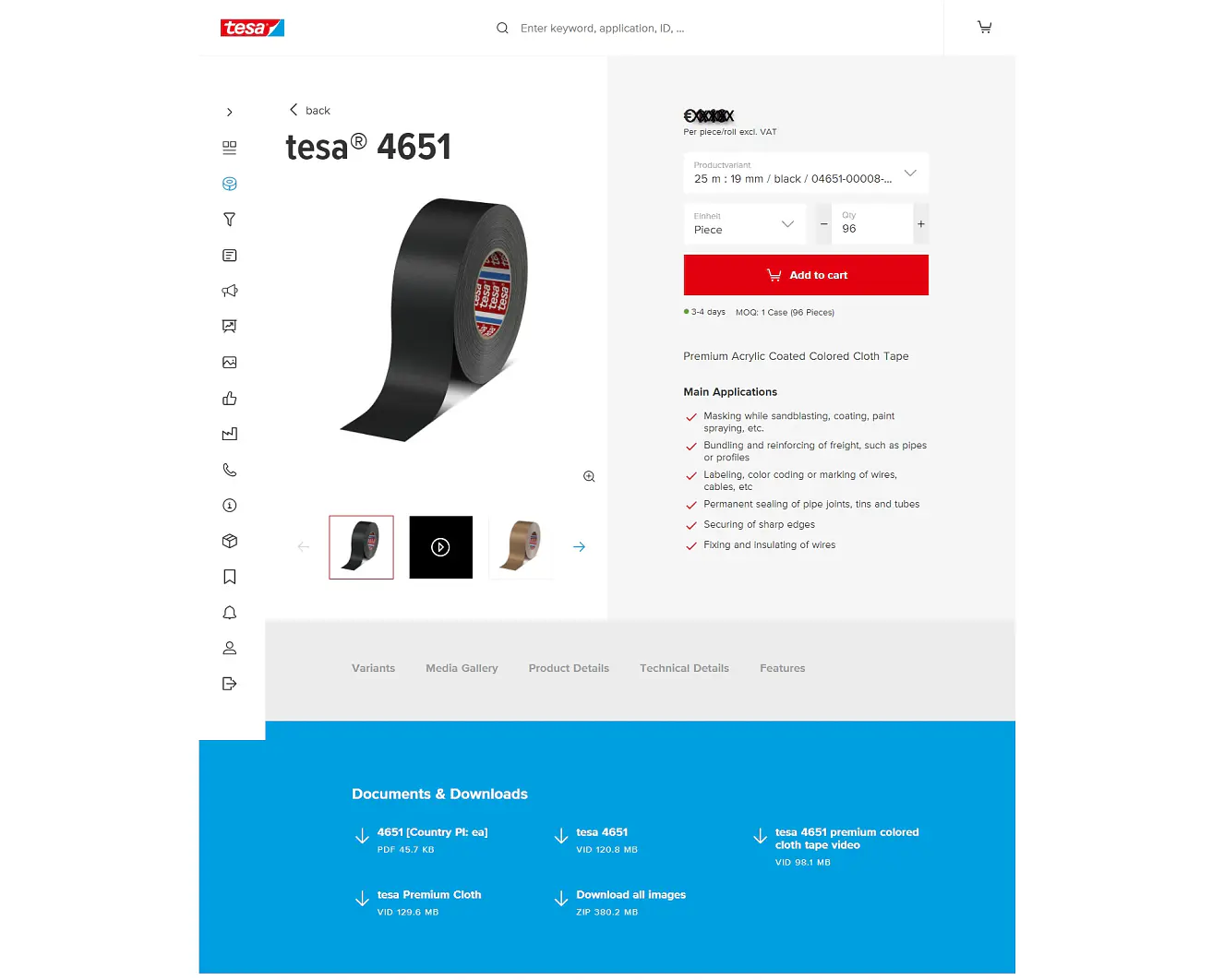 Screenshot of a webpage displaying product details for tesa tape 4651 cloth tape. It shows product images, options for size and color, a price of $14.99, and a red Add to cart button. The page lists main applications and offers download links for documents. (This text has been generated by AI)