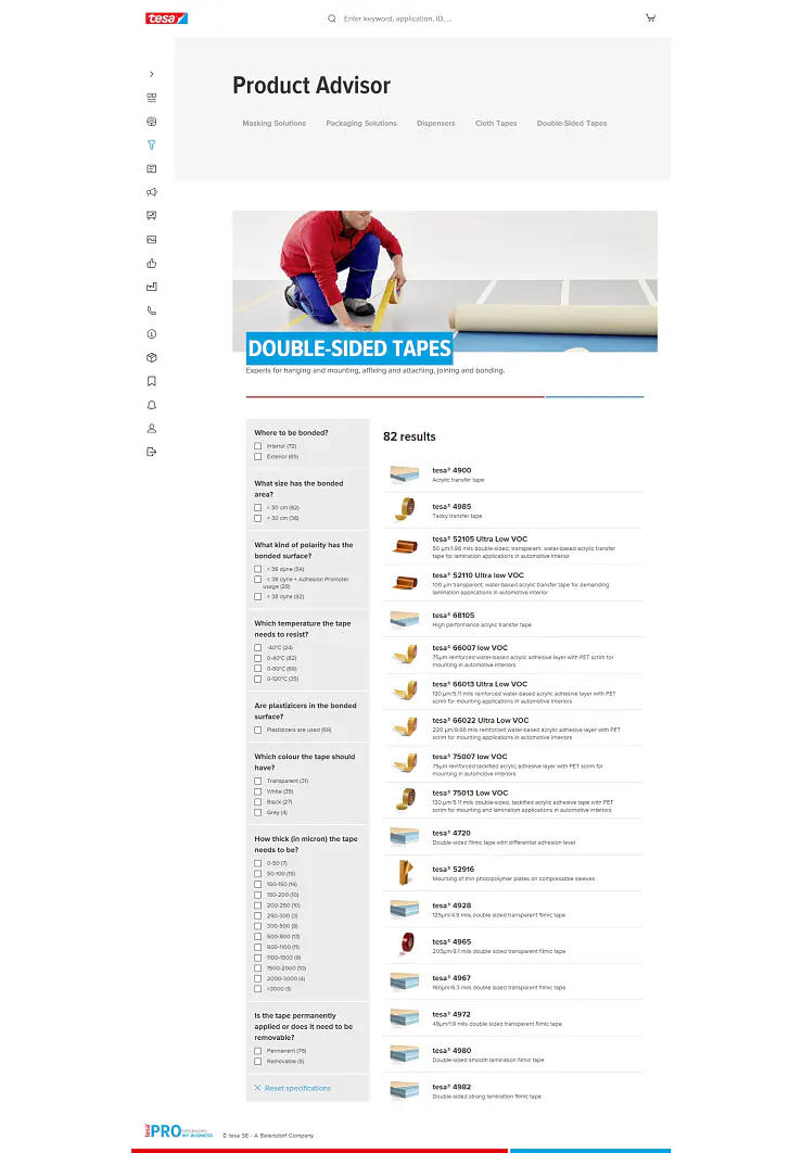 Screenshot of a product advisor webpage for double-sided tesa tapes. The page lists 82 results, showing brand names, product IDs, and descriptions. A sidebar includes filtering options based on product features and applications. (This text has been generated by AI)
