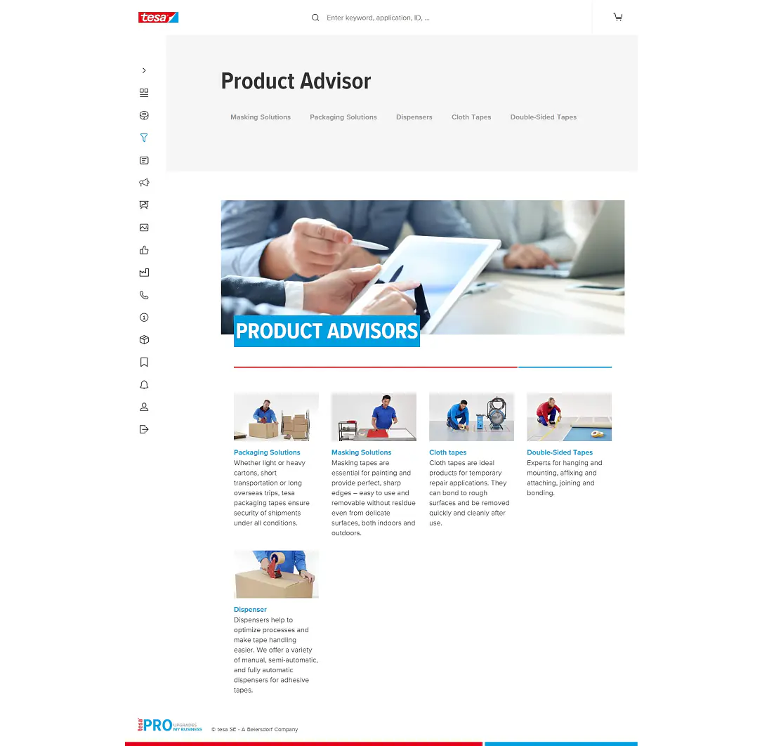 A webpage titled Product Advisor with a photo of a person using a tablet. Below are sections for Packaging Solutions, Masking Solutions, Cloth tesa Tapes, Double-Sided tesa Tapes, and Dispenser Tools, each with brief descriptions and small images. (This text has been generated by AI)