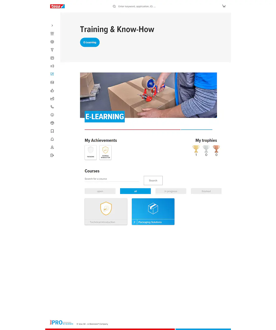 A webpage with a header labeled Training & Know-How emphasizing e-learning. It features an image of a person sealing a box with tesa tape, along with sections for achievements, trophies, and courses such as Technical Introduction and Packaging Solutions. (This text has been generated by AI)