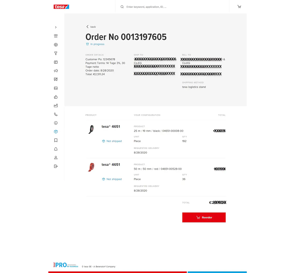 Screenshot of an order page from a website showing Order No 0013197605. It includes customer details, order status, product details featuring tesa tape with images, delivery date, and a reorder button. The background has a white color with red accents. (This text has been generated by AI)