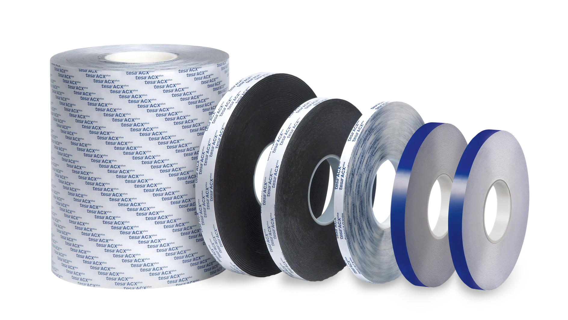 A group of six tesa tape rolls of various widths and colors is displayed. The rolls vary in size and are lined up from largest to smallest. The tesa tapes have different textures and patterns, including a branded design on the leftmost roll. (This text has been generated by AI)