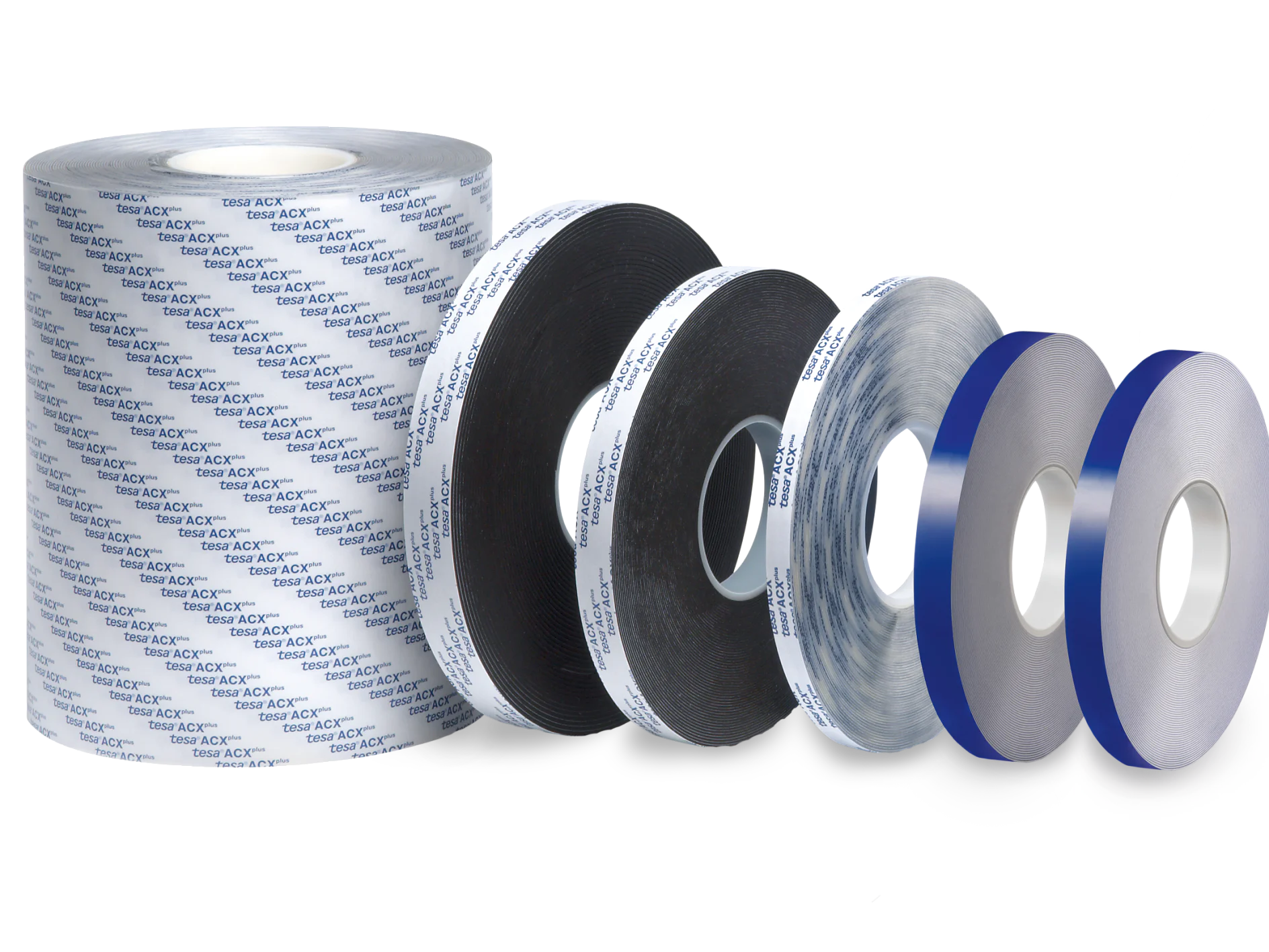 A group of six tesa tape rolls of various widths and colors is displayed. The rolls vary in size and are lined up from largest to smallest. The tesa tapes have different textures and patterns, including a branded design on the leftmost roll. (This text has been generated by AI)