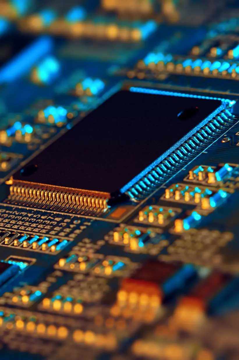 Close-up of a computer motherboard with a central processor unit. The image highlights circuit paths and electronic components in blue and orange lighting, providing a detailed view of the intricate motherboard design. (This text has been generated by AI)