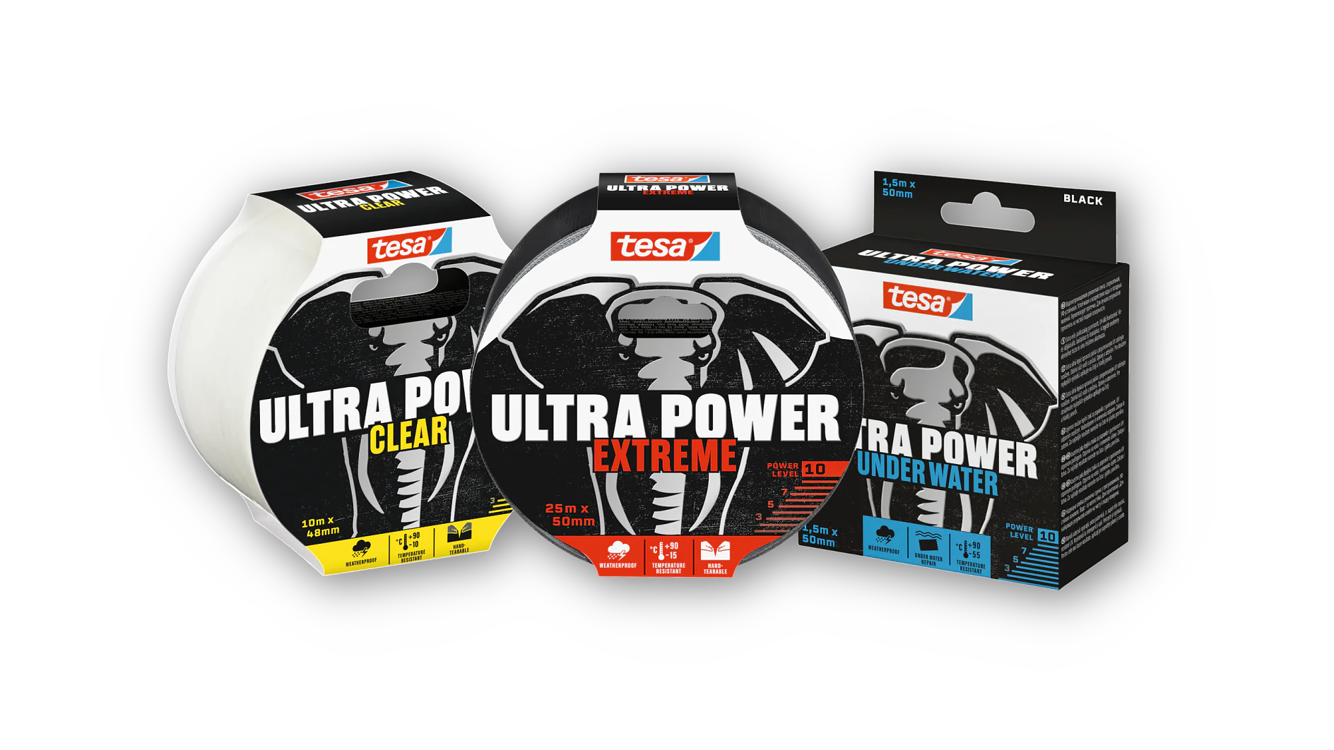 Trys tesa juostos ritinėliai juodame fone. Iš kairės į dešinę: Ultra Power Clear tesa juosta baltoje pakuotėje, Ultra Power Extreme tesa juosta juodoje ir raudonoje pakuotėje ir Ultra Power Underwater tesa juosta juodoje ir mėlynoje pakuotėje. (This text has been generated by AI)