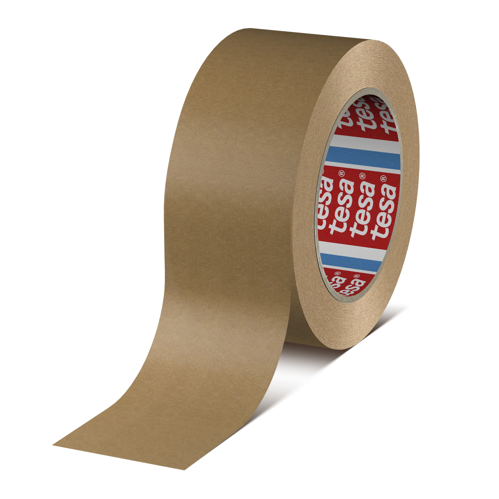 A roll of brown adhesive tesa tape with a partially unrolled section. The interior of the roll shows the brand name tesa repeatedly printed on a blue and red background. (This text has been generated by AI)