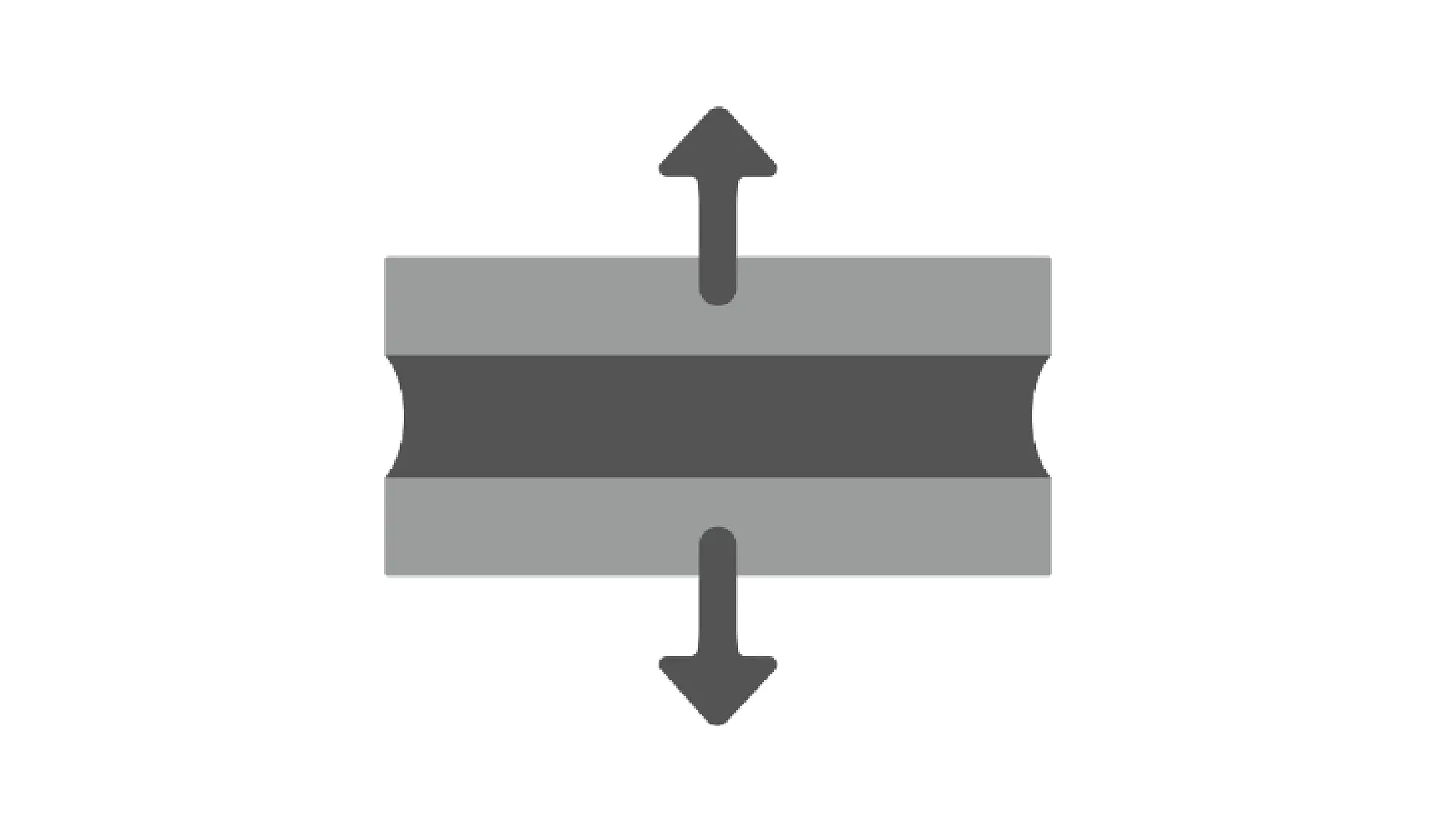 A gray icon depicting two horizontal rectangles with a dark band in the center. There is an upward arrow above the rectangles and a downward arrow below them, suggesting a concept of expand, compress, or move using tesa tape. (This text has been generated by AI)