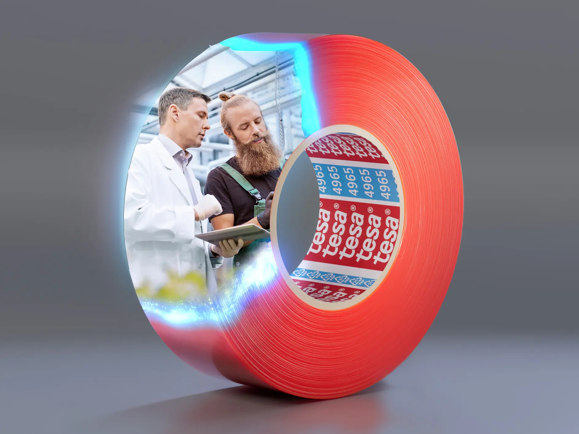 A large roll of red packing tesa tape with its inner side displaying an image of two people discussing over a clipboard. One wears a white coat and the other has a beard and apron. The tesa tape features the brand name tesa prominently.