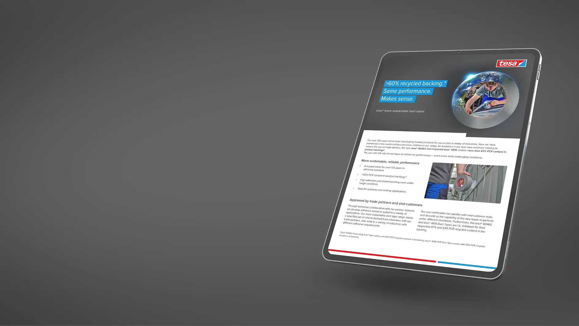 A tablet displaying a digital brochure on a gray background. The content discusses 100% recycled backings with an emphasis on sustainability and performance. The top right corner has an image of industrial settings and the tesa logo. (This text has been generated by AI)
