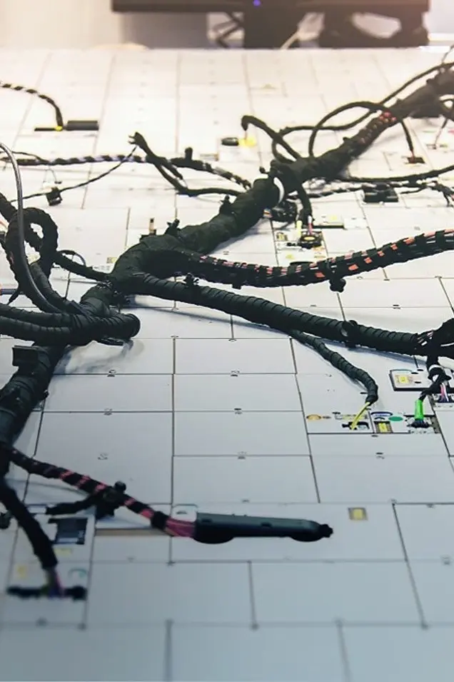 Two individuals work on a large, complex wiring harness spread out on a white grid-like surface. Their hands are adjusting and connecting the black cables, with various colored connectors visible. The background is slightly blurred, and they use tesa tape to secure the wires in place. (This text has been generated by AI)