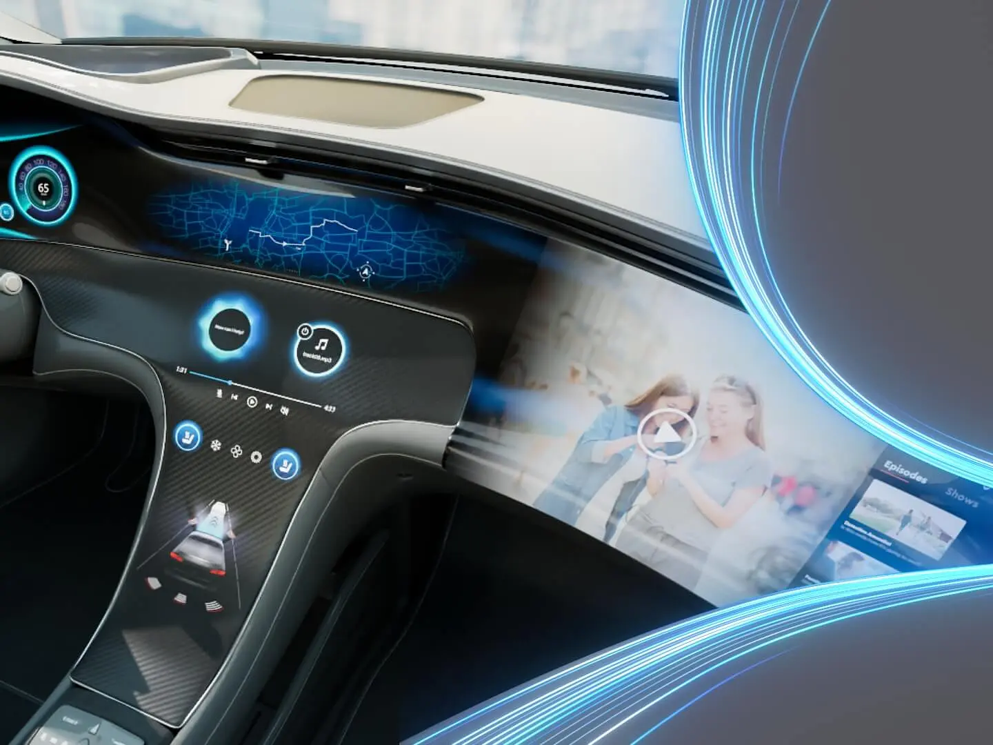 Futuristic car interior featuring a central console with digital controls, a display showing navigation maps, and a screen on the passenger side displaying media content, including a paused video of two people. Blue LED accents highlight the design. Connections are secured using tesa tape to ensure durability and finish without visible seams or edges. (This text has been generated by AI)