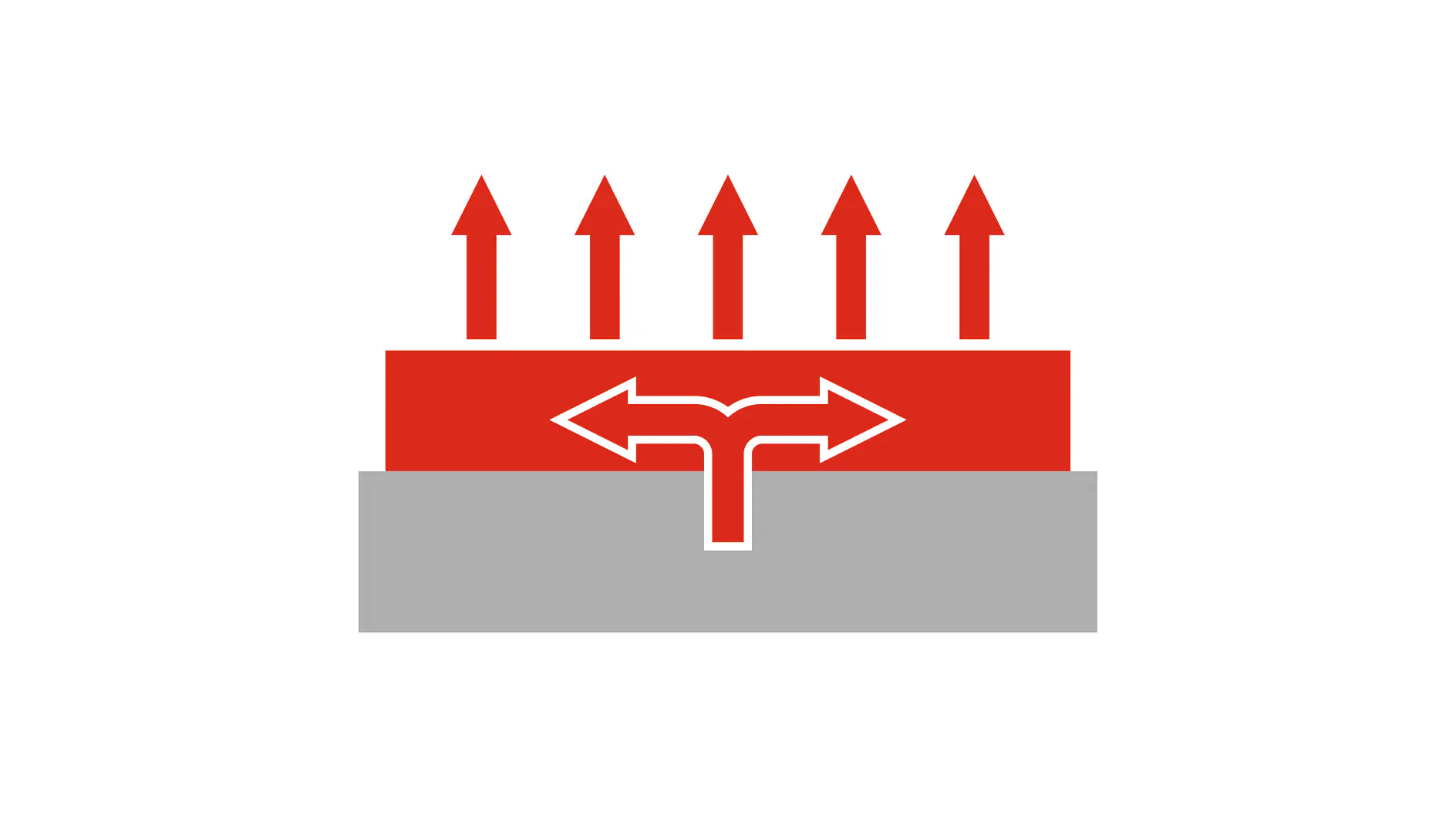 Illustration of heat dissipation concept. Red arrows pointing upward from a red bar indicate heat rising. A white double-headed arrow on the red bar illustrates horizontal movement. The bottom half is gray, representing a solid surface held securely by tesa tape. (This text has been generated by AI)