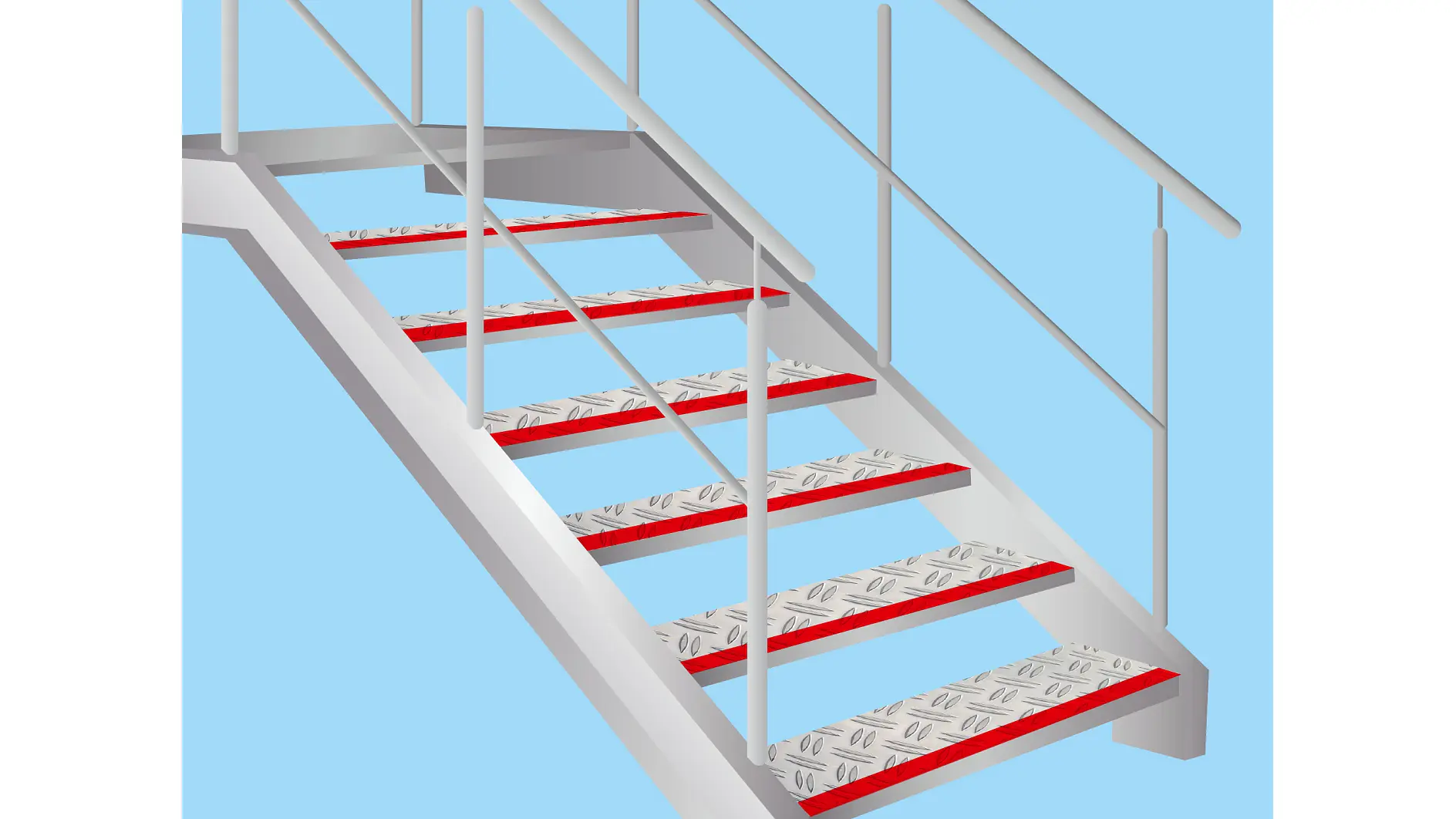 A metal staircase with five steps and railing on both sides is shown against a light blue background. Each step has a checkered pattern with tesa tape red edging. The angle gives a partial view of the staircase, suggesting an upward perspective. (This text has been generated by AI)
